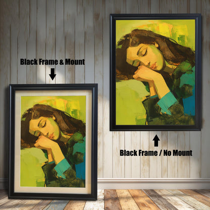 Two versions of a wall art print with a black frame are shown side by side against a light-colored wooden wall. The print on the left is a smaller version with a mount (matting) around the artwork. The print on the right is a larger version without a mount. The image is labeled with "Black Frame & Mount" and "Black Frame / No Mount."