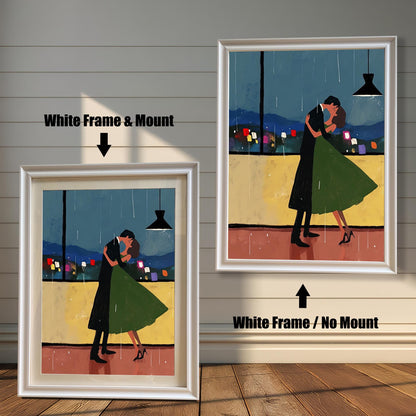 Two versions of a wall art print with a white frame are shown side by side against a light-colored wooden wall. The print on the left is a smaller version with a mount (matting) around the artwork. The print on the right is a larger version without a mount. The image is labeled with "White Frame & Mount" and "White Frame / No Mount."