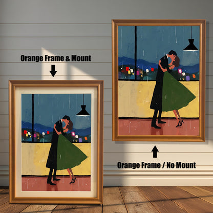 Two versions of a wall art print with an orange-colored frame are shown side by side against a wooden wall. The print on the left is a smaller version with a mount (matting) around the artwork. The print on the right is a larger version without a mount. The image is labeled with "Orange Frame & Mount" and "Orange Frame / No Mount."