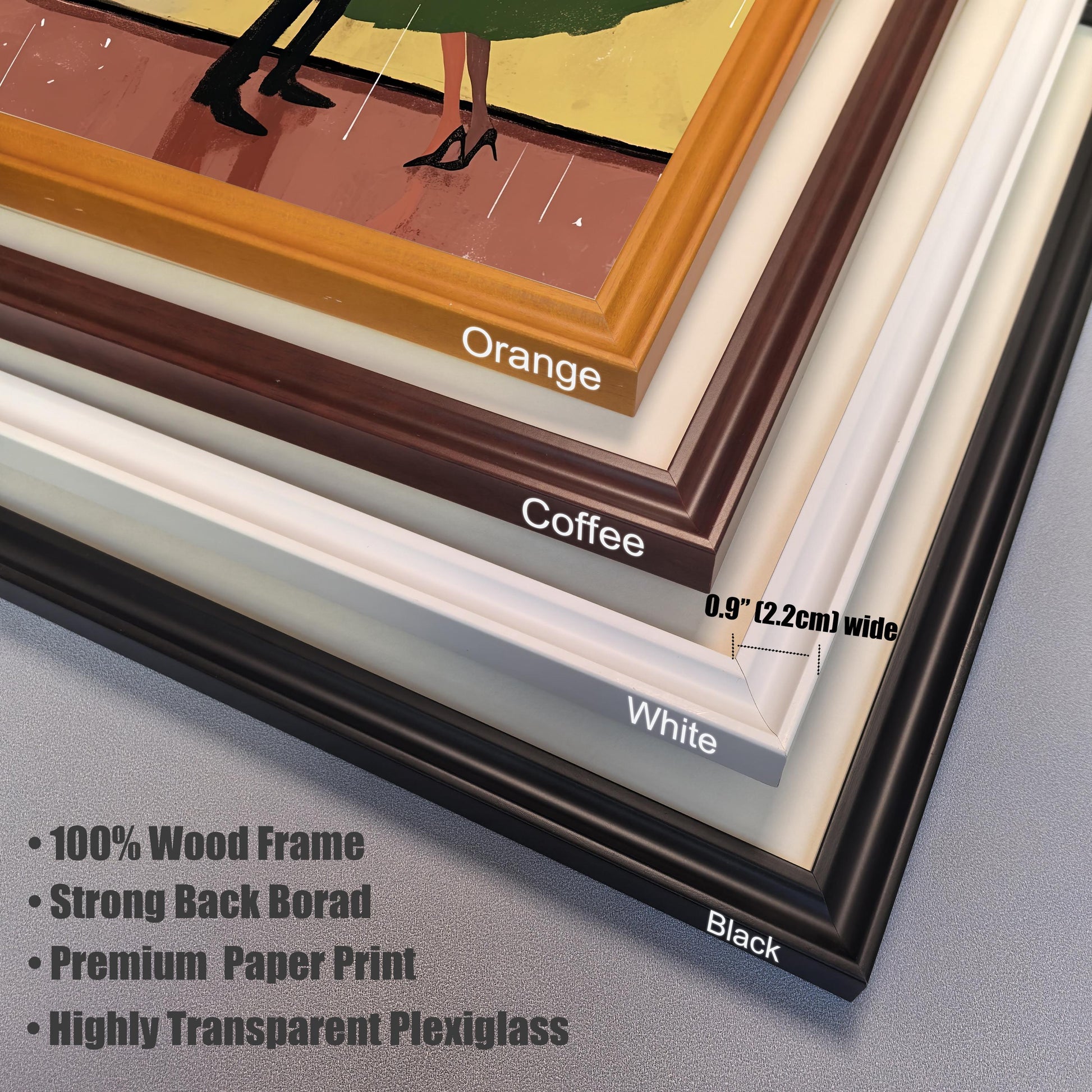 A close-up image showing four different frame color options stacked on top of each other. From bottom to top, the frames are Black, White, Coffee, and Orange. The image text points out that the frames are 0.9 inches (2.2 cm) wide and are made of 100% wood, with a strong backboard, premium paper print, and highly transparent plexiglass.