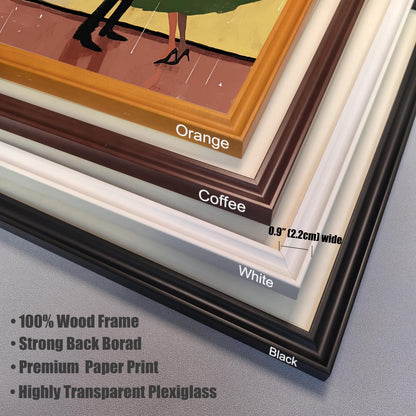 A close-up image showing four different frame color options stacked on top of each other. From bottom to top, the frames are Black, White, Coffee, and Orange. The image text points out that the frames are 0.9 inches (2.2 cm) wide and are made of 100% wood, with a strong backboard, premium paper print, and highly transparent plexiglass.