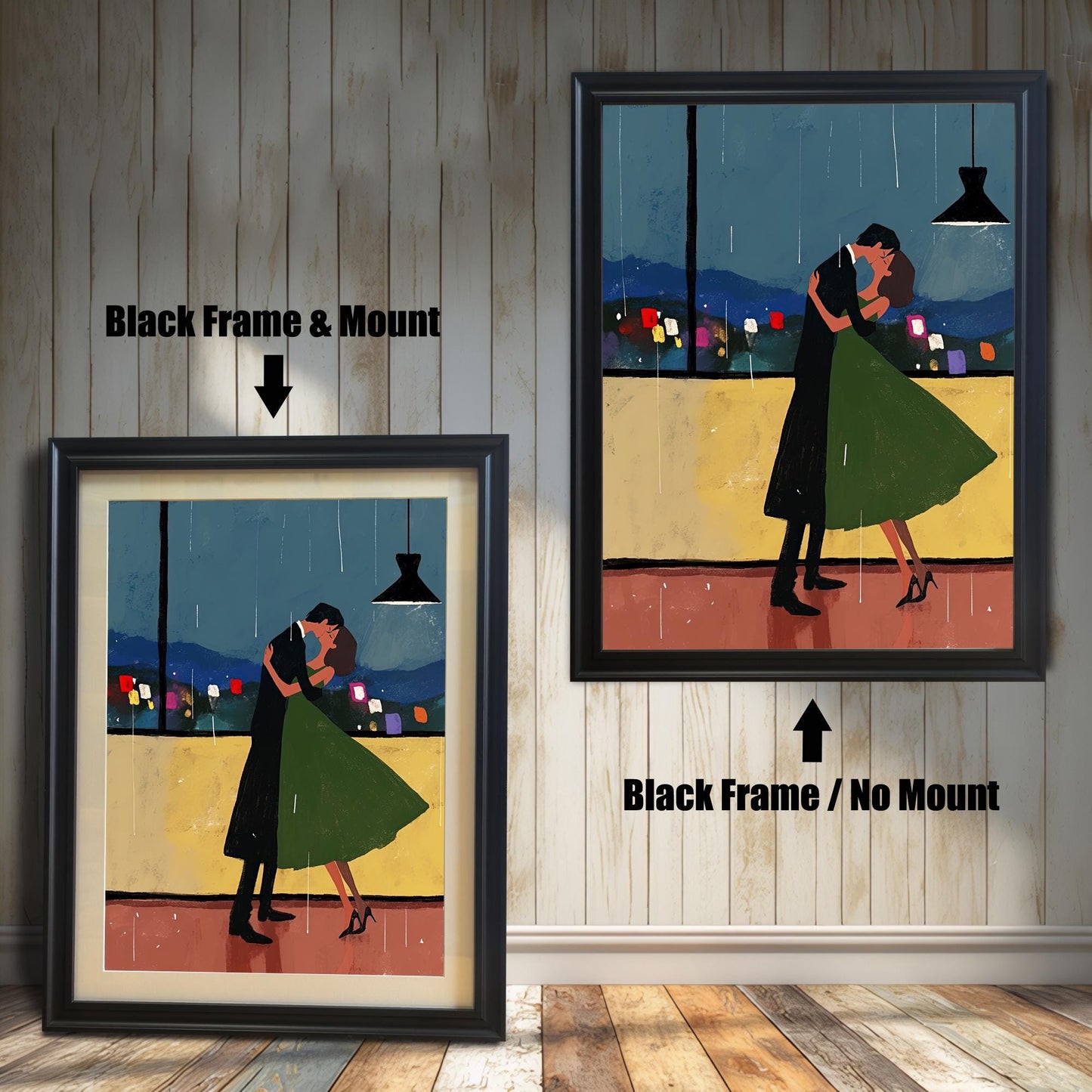 Two versions of a wall art print with a black frame are shown side by side against a light-colored wooden wall. The print on the left is a smaller version with a mount (matting) around the artwork. The print on the right is a larger version without a mount. The image is labeled with "Black Frame & Mount" and "Black Frame / No Mount."