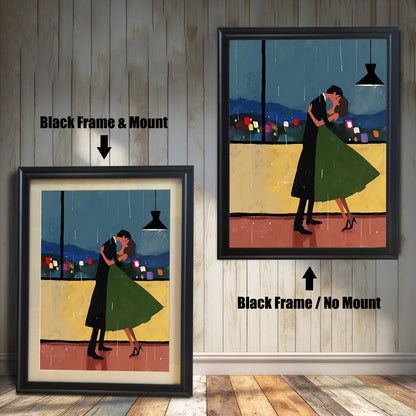 Two versions of a wall art print with a black frame are shown side by side against a light-colored wooden wall. The print on the left is a smaller version with a mount (matting) around the artwork. The print on the right is a larger version without a mount. The image is labeled with "Black Frame & Mount" and "Black Frame / No Mount."