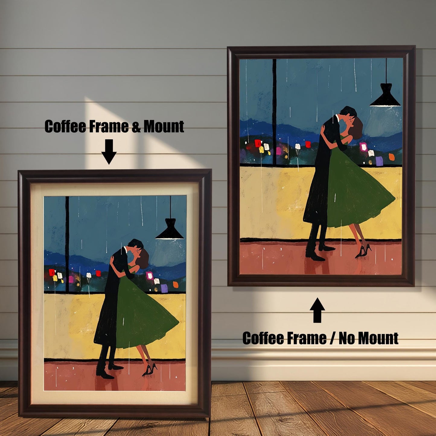 Two versions of a wall art print with a coffee-colored frame are shown side by side against a wooden wall. The print on the left is a smaller version with a mount (matting) around the artwork. The print on the right is a larger version without a mount. The image is labeled with "Coffee Frame & Mount" and "Coffee Frame / No Mount."