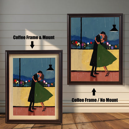 Two versions of a wall art print with a coffee-colored frame are shown side by side against a wooden wall. The print on the left is a smaller version with a mount (matting) around the artwork. The print on the right is a larger version without a mount. The image is labeled with "Coffee Frame & Mount" and "Coffee Frame / No Mount."