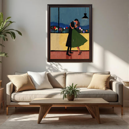 A large wall art print with a coffee-colored frame hanging on a white wall above a beige sofa. The painting is an abstract illustration of a man and woman embracing while dancing in front of a window with a city view. A small potted plant sits on the coffee table in front of the sofa.