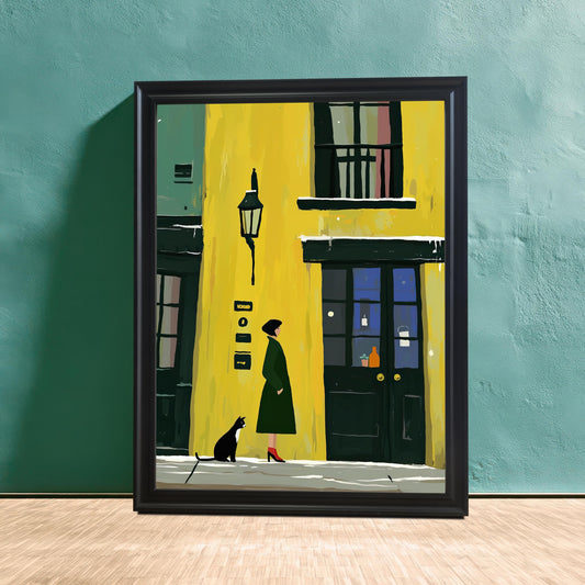 A single framed wall art print in a black frame stands leaning against a teal-colored wall.