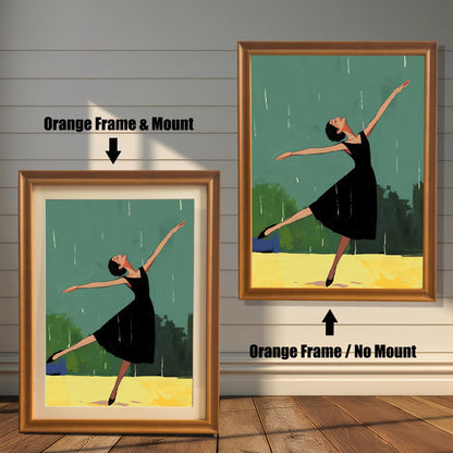 wo framed versions of the wall art print are shown against a white wooden wall. The image on the left, labeled "Orange Frame & Mount," shows the print with a mat inside an orange frame. The image on the right, labeled "Orange Frame / No Mount," shows the print directly framed in orange without a mat.