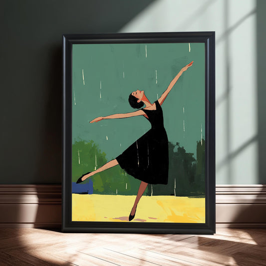 A framed wall art print featuring a woman in a black dress dancing gracefully in a stylized rain, with a green background and yellow ground. The print is framed in black and is leaning against a dark wall.
