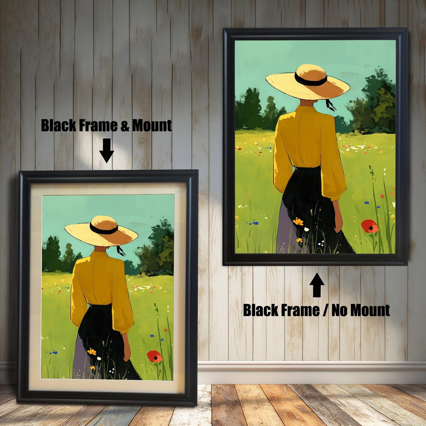 split-view image showing two framed art prints against a white wood-paneled wall. The left print has a black frame and a white mount, with a black arrow pointing to it and text that says "Black Frame & Mount." The right print has the same black frame but no mount, with a black arrow pointing up to it and text that says "Black Frame / No Mount." Both prints show the same image of a person in a yellow shirt and straw hat standing in a grassy field.