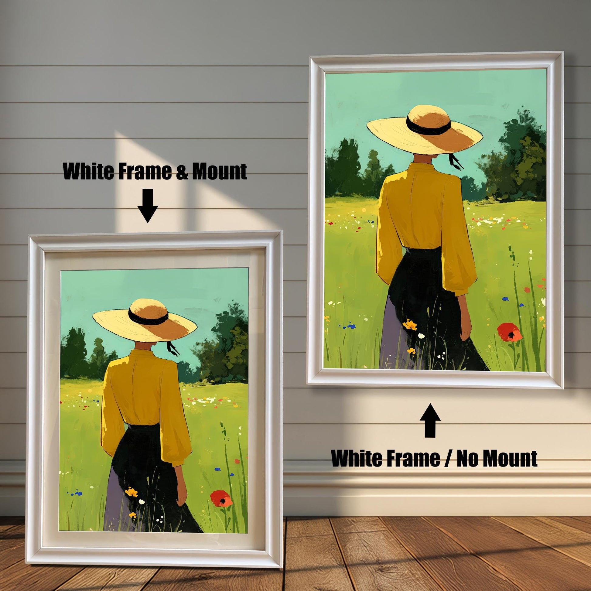 A split-view image showing two framed art prints against a white wood-paneled wall. The left print has a white frame and a white mount, with a black arrow pointing to it and text that says "White Frame & Mount." The right print has the same white frame but no mount, with a black arrow pointing up to it and text that says "White Frame / No Mount." Both prints show the same image of a person in a yellow shirt and straw hat standing in a grassy field.