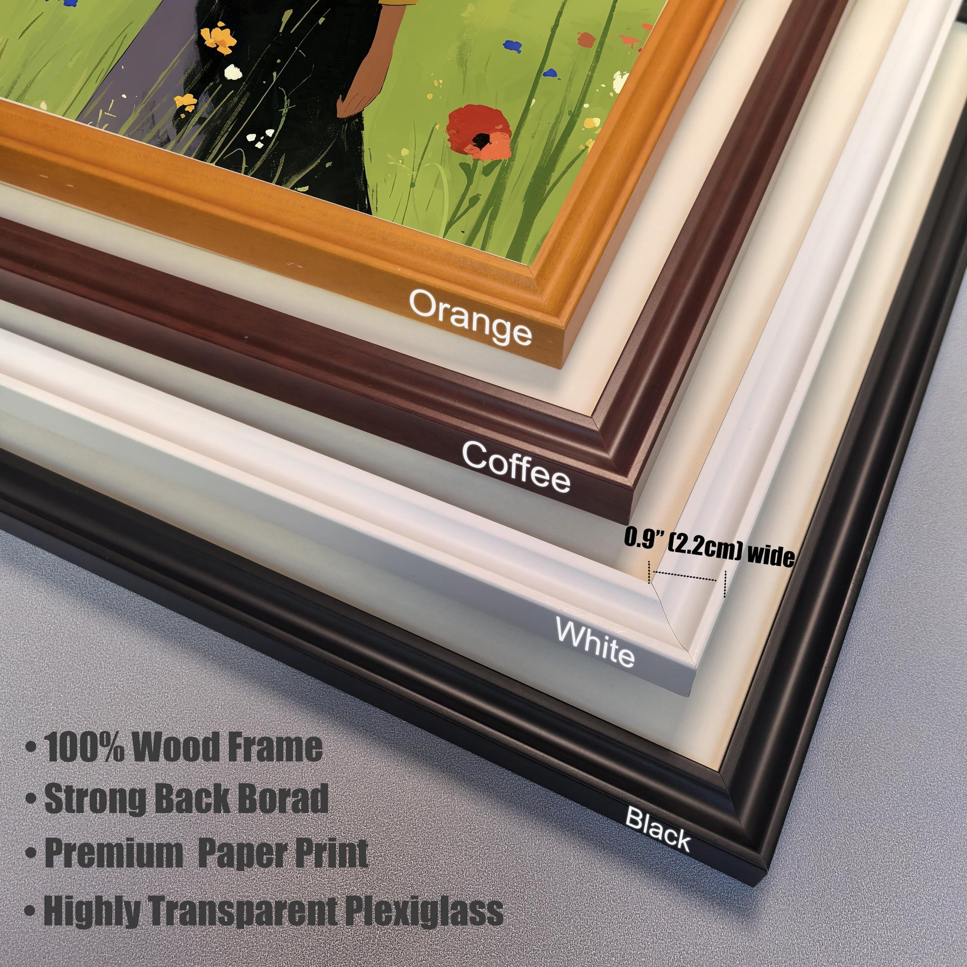 A close-up stack of four different wood frame corners, with a print showing a person in a yellow shirt in the background. The frames are labeled from top to bottom: "Orange," "Coffee," "White," and "Black." Text indicates the frame width is "0.9" [2.2cm] wide." Bullet points describe the product features: "100% Wood Frame," "Strong Back Borad," "Premium Paper Print," and "Highly Transparent Plexiglass.&quot