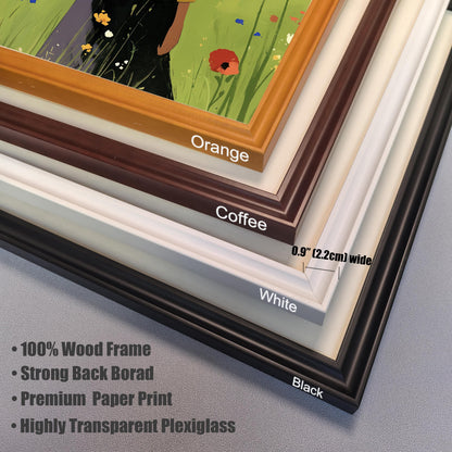 A close-up stack of four different wood frame corners, with a print showing a person in a yellow shirt in the background. The frames are labeled from top to bottom: "Orange," "Coffee," "White," and "Black." Text indicates the frame width is "0.9" [2.2cm] wide." Bullet points describe the product features: "100% Wood Frame," "Strong Back Borad," "Premium Paper Print," and "Highly Transparent Plexiglass.&quot