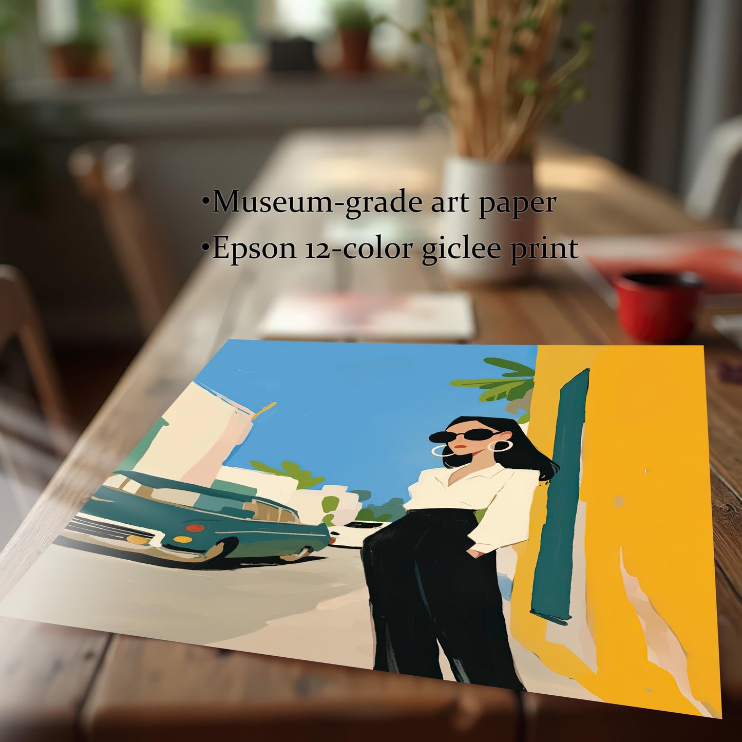 a unframed wall art print is layed on the desk.