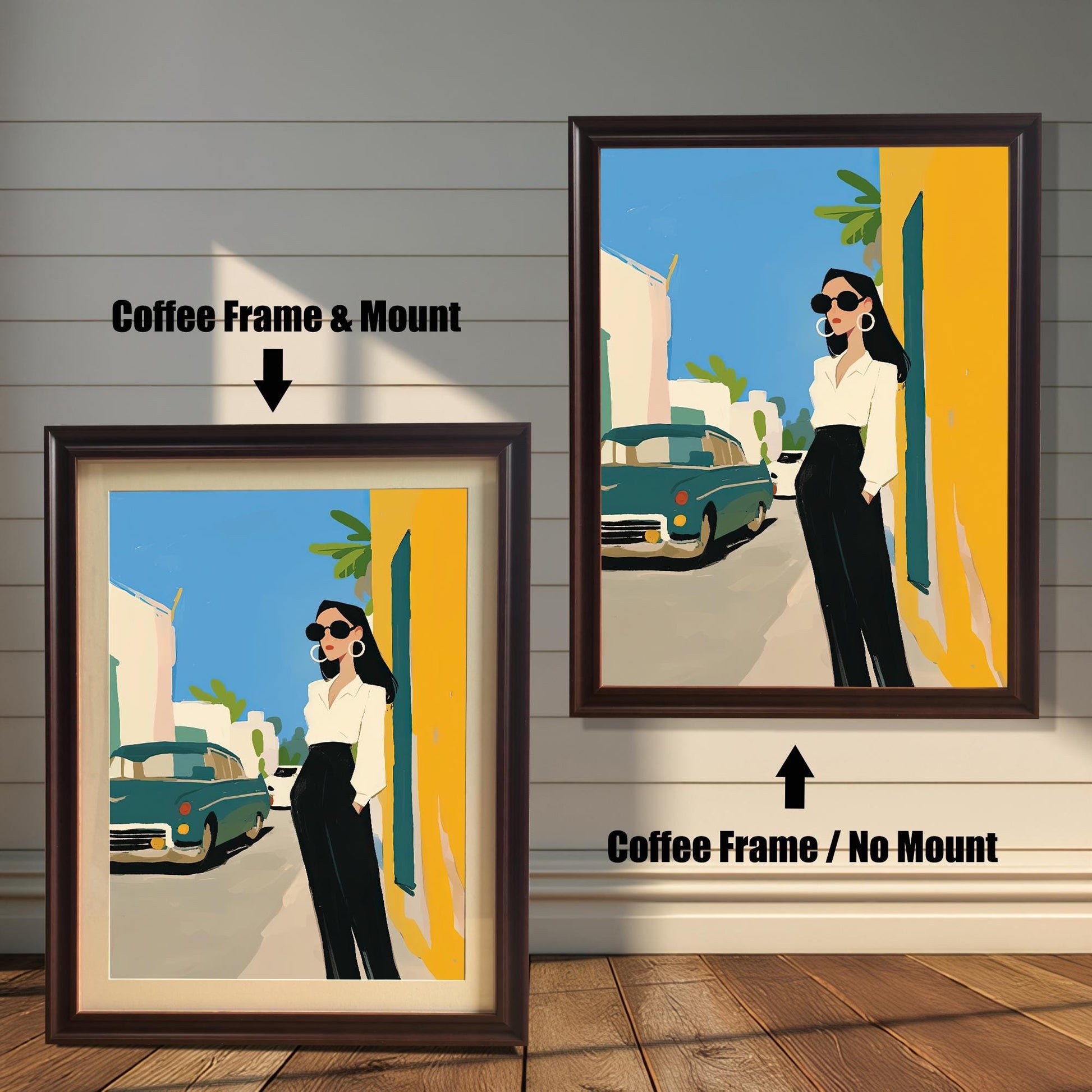 A split image showing two different framing options for the same artwork. On the left, a framed print with a coffee brown frame and a white mat (mount) is labeled "Coffee Frame & Mount." On the right, the same print is shown in a coffee brown frame without a mat, labeled "Coffee Frame / No Mount." Both images are against a rustic wood-paneled wall.