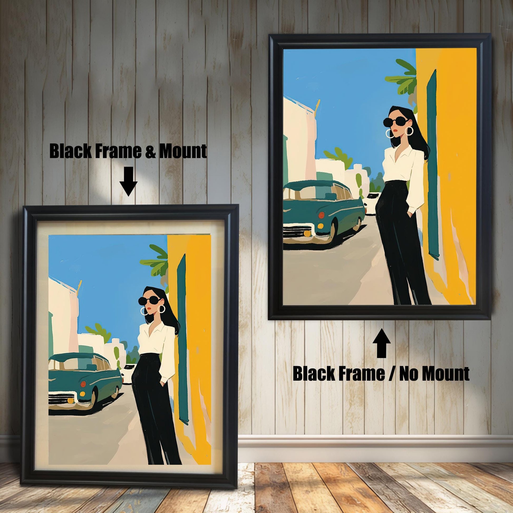 A split image showing two different framing options for the same artwork. On the left, a framed print with a black frame and a white mat (mount) is labeled "Black Frame & Mount." On the right, the same print is shown in a black frame without a mat, labeled "Black Frame / No Mount." Both images are against a rustic wood-paneled wall.