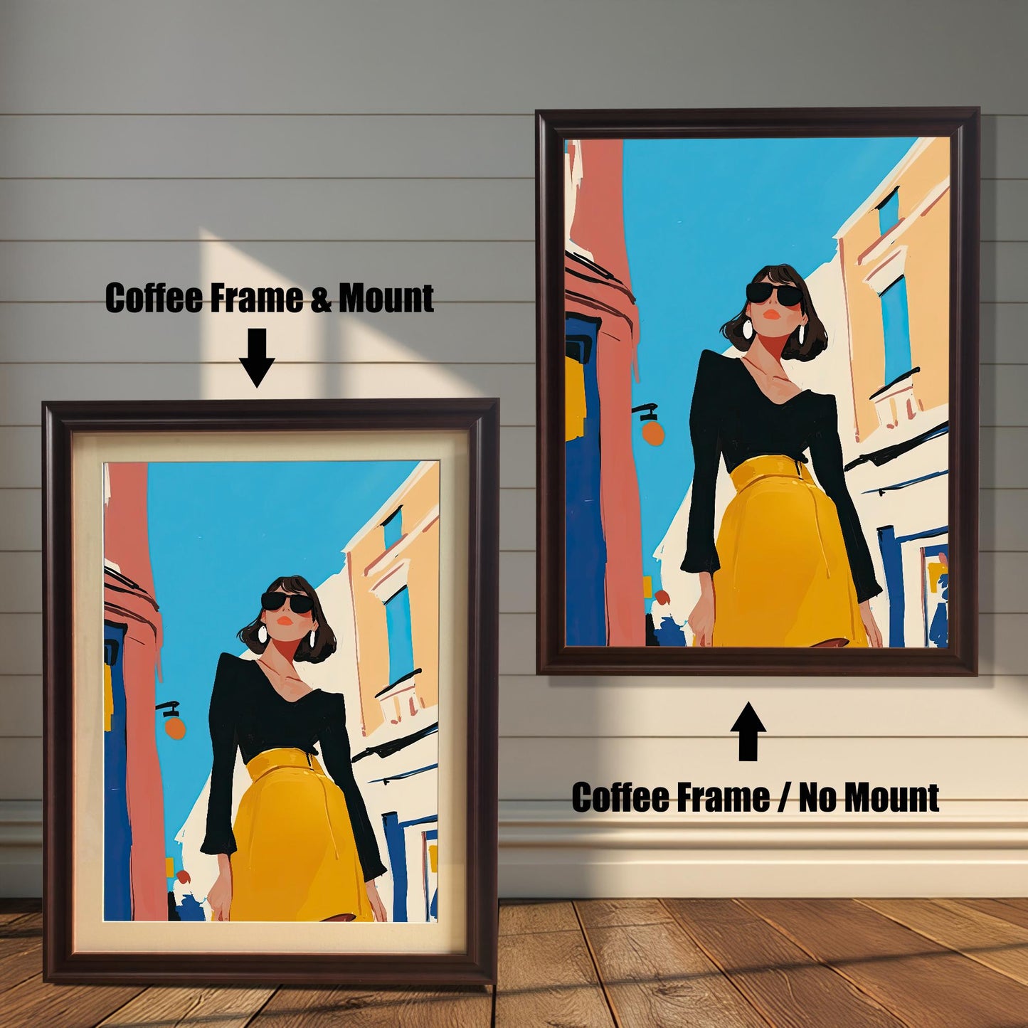 A split image showing two different framing options for the same artwork. On the left, a framed print with a coffee brown frame and a white mat (mount) is labeled "Coffee Frame & Mount." On the right, the same print is shown in a coffee brown frame without a mat, labeled "Coffee Frame / No Mount." Both images are against a rustic wood-paneled wall. The art depicts a stylish woman in a black shirt and yellow skirt standing on a street.