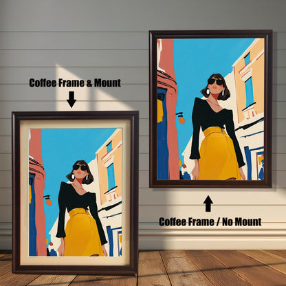 A split image showing two different framing options for the same artwork. On the left, a framed print with a coffee brown frame and a white mat (mount) is labeled "Coffee Frame & Mount." On the right, the same print is shown in a coffee brown frame without a mat, labeled "Coffee Frame / No Mount." Both images are against a rustic wood-paneled wall. The art depicts a stylish woman in a black shirt and yellow skirt standing on a street.