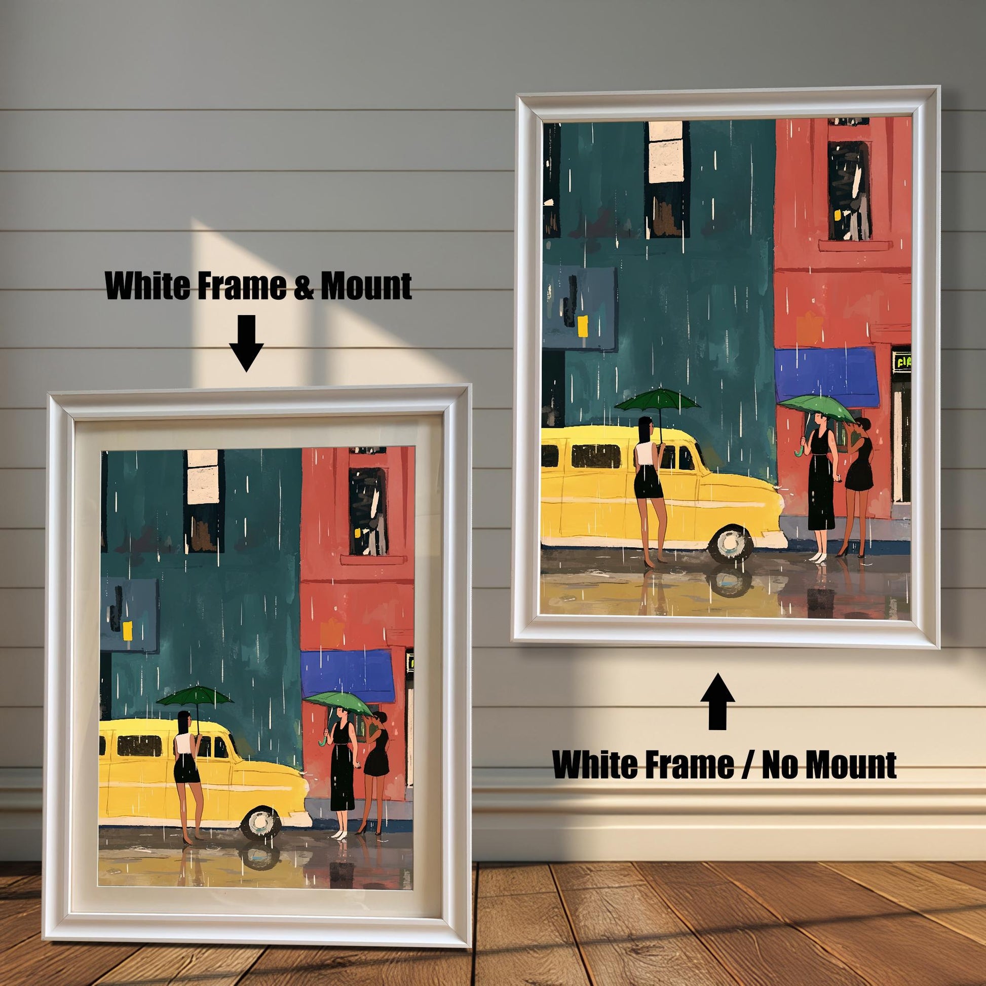 A split image showing two different framing options for the same artwork. On the left, a framed print with a white frame and a white mat (mount) is labeled "White Frame & Mount." On the right, the same print is shown in a white frame without a mat, labeled "White Frame / No Mount." Both images are against a rustic wood-paneled wall. The art depicts a street scene with a yellow bus and three women with umbrellas in the rain.