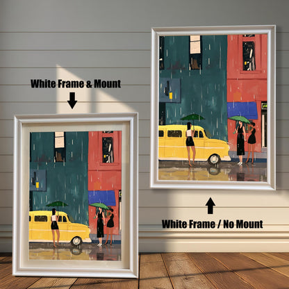 A split image showing two different framing options for the same artwork. On the left, a framed print with a white frame and a white mat (mount) is labeled "White Frame & Mount." On the right, the same print is shown in a white frame without a mat, labeled "White Frame / No Mount." Both images are against a rustic wood-paneled wall. The art depicts a street scene with a yellow bus and three women with umbrellas in the rain.