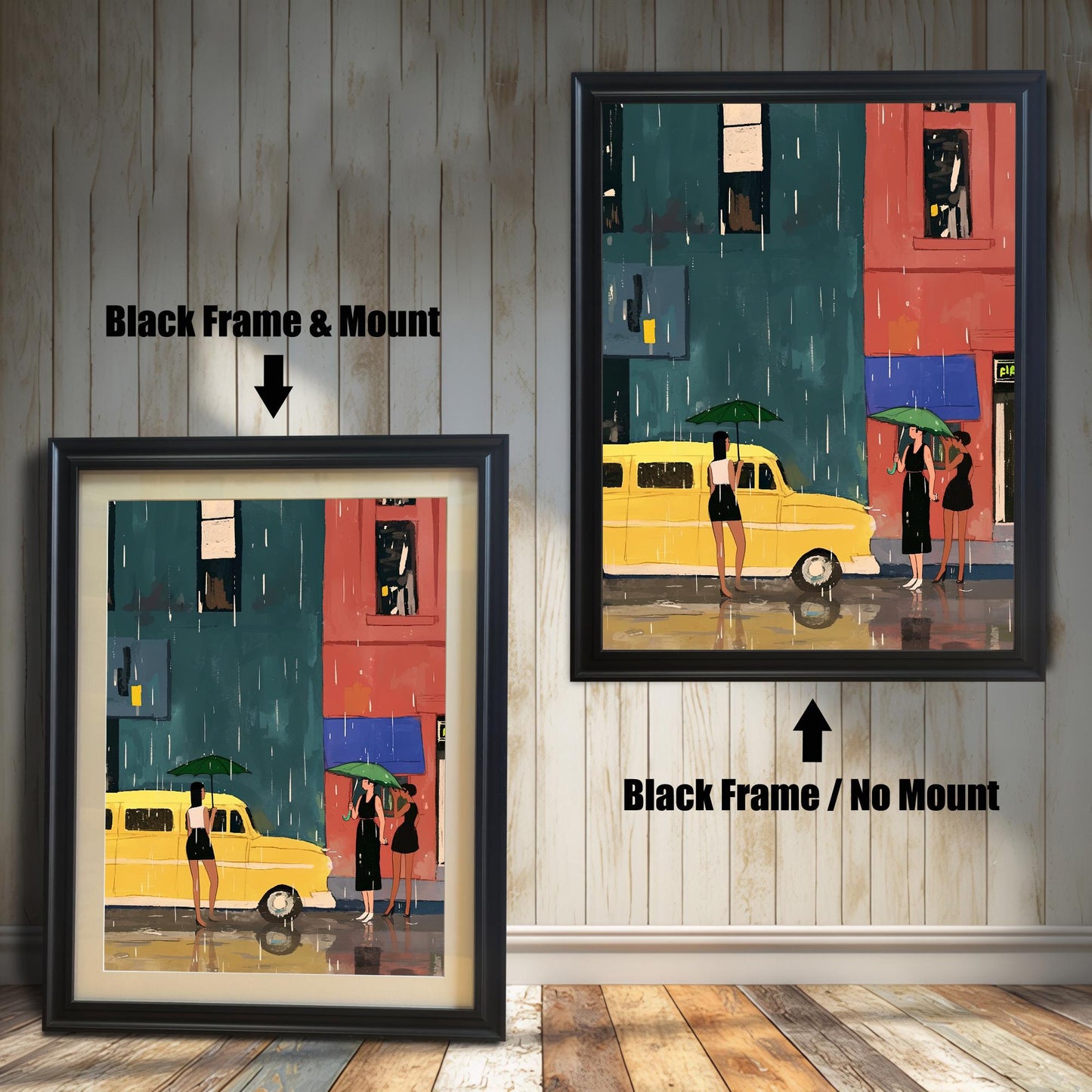 A split image showing two different framing options for the same artwork. On the left, a framed print with a black frame and a white mat (mount) is labeled "Black Frame & Mount." On the right, the same print is shown in a black frame without a mat, labeled "Black Frame / No Mount." Both images are against a rustic wood-paneled wall. The art depicts a street scene with a yellow bus and three women with umbrellas in the rain.