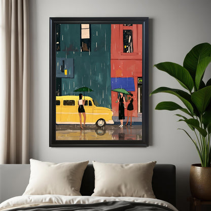 A framed piece of wall art hangs on a gray wall above a bed. The art depicts a street scene with a yellow bus and three women with umbrellas in the rain. The frame is black. A large potted plant sits on the floor to the right of the frame.
