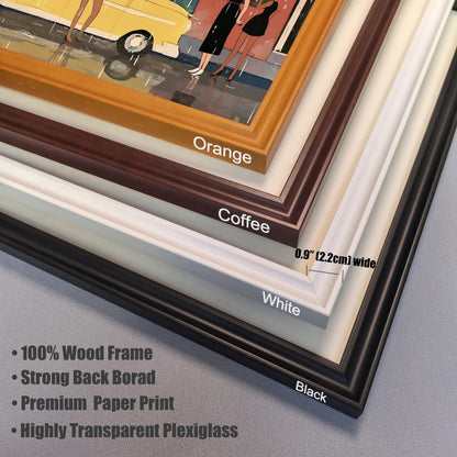 A close-up, angled shot showing the four different frame colors available: orange, coffee, white, and black. A measurement is included, showing the frame width is 0.9 inches (2.2 cm). Text highlights the product features: 100% Wood Frame, Strong Back Borad, Premium Paper Print, and Highly Transparent Plexiglass.