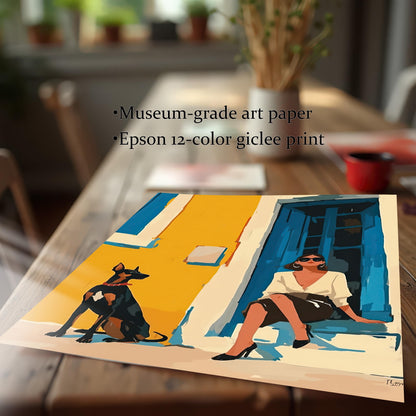A close-up shot of an unframed art print lying on a rustic wooden table. The art depicts a woman in a white shirt and black skirt sitting on a step next to a Doberman dog. Text on the image highlights the quality of the print: "Museum-grade art paper" and "Epson 12-color giclee print."