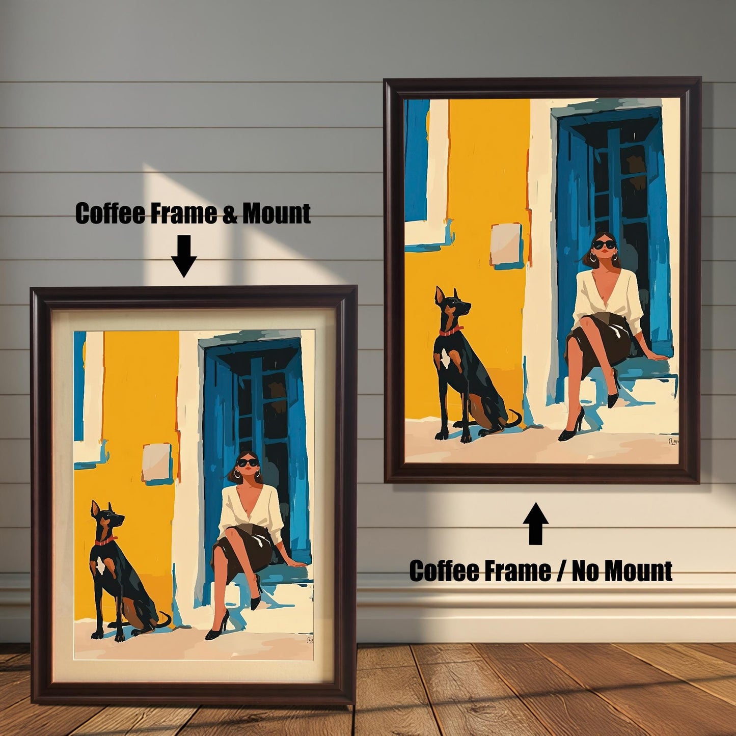A split image showing two different framing options for the same artwork. On the left, a framed print with a coffee brown frame and a white mat (mount) is labeled "Coffee Frame & Mount." On the right, the same print is shown in a coffee brown frame without a mat, labeled "Coffee Frame / No Mount." Both images are against a rustic wood-paneled wall. The art depicts a woman sitting on a step next to a Doberman dog.