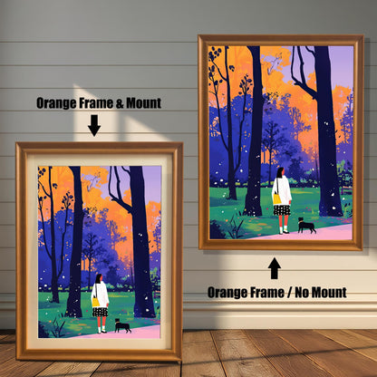 A split image showing two different framing options for the same artwork. On the left, a framed print with an orange wood-tone frame and a white mat (mount) is labeled "Orange Frame & Mount." On the right, the same print is shown in an orange wood-tone frame without a mat, labeled "Orange Frame / No Mount." Both images are against a rustic wood-paneled wall. The art depicts a woman and a small black dog walking through a park with colorful trees.