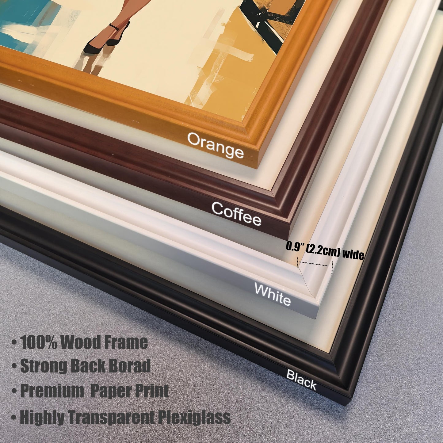 A close-up shot of the corner of four different frames stacked on top of each other. The frames are labeled "Orange," "Coffee," "White," and "Black." Text on the image highlights the frame width (0.9" [2.2cm] wide) and lists features: "100% Wood Frame," "Strong Back Board," "Premium Paper Print," and "Highly Transparent Plexiglass."