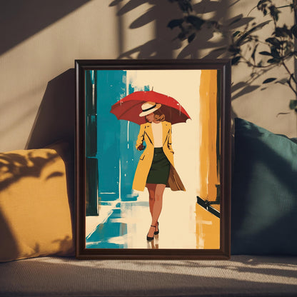 The framed artwork is propped up on a couch among pillows. The frame is a coffee color. The background shows natural light and plant leaves, creating a cozy and inviting atmosphere.