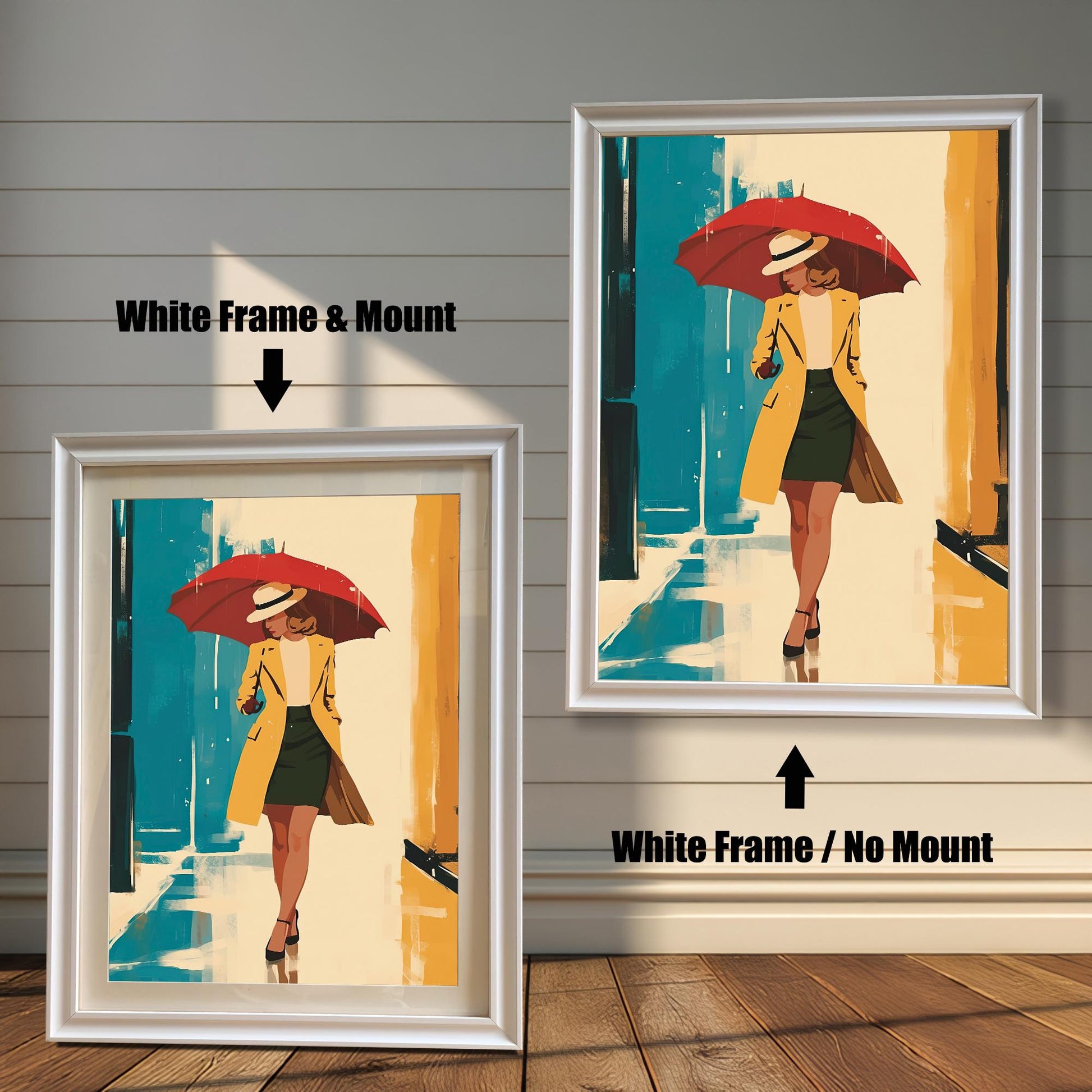 A product comparison showing two versions of the same artwork side-by-side. On the left, the print is in a white frame with a white mount. On the right, the print is in a white frame without a mount. The text "White Frame & Mount" and "White Frame / No Mount" points to the respective images.