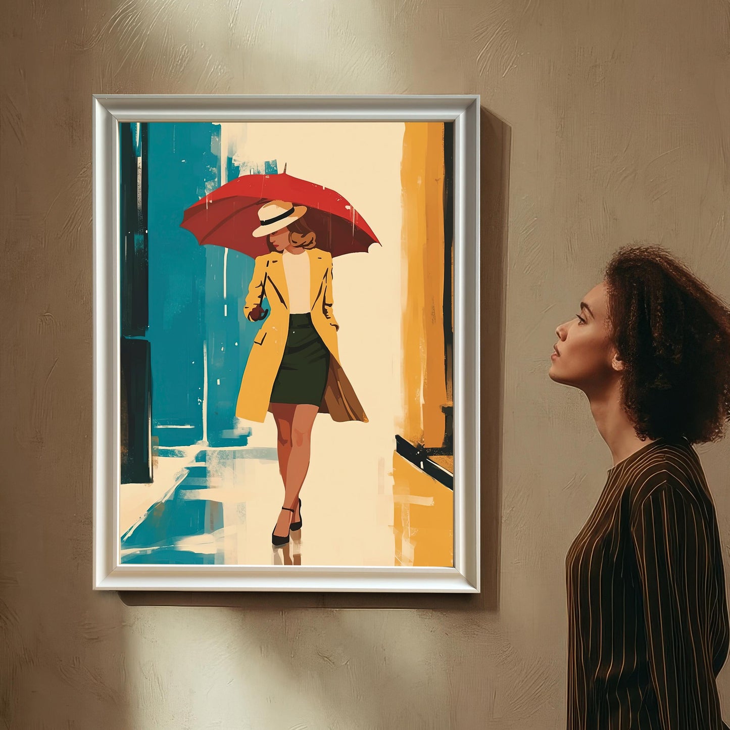 A woman with curly hair looks up at the framed artwork, which is hung on a wall. The artwork is in a silver/white frame. The woman is standing next to a white decorative fireplace mantel.