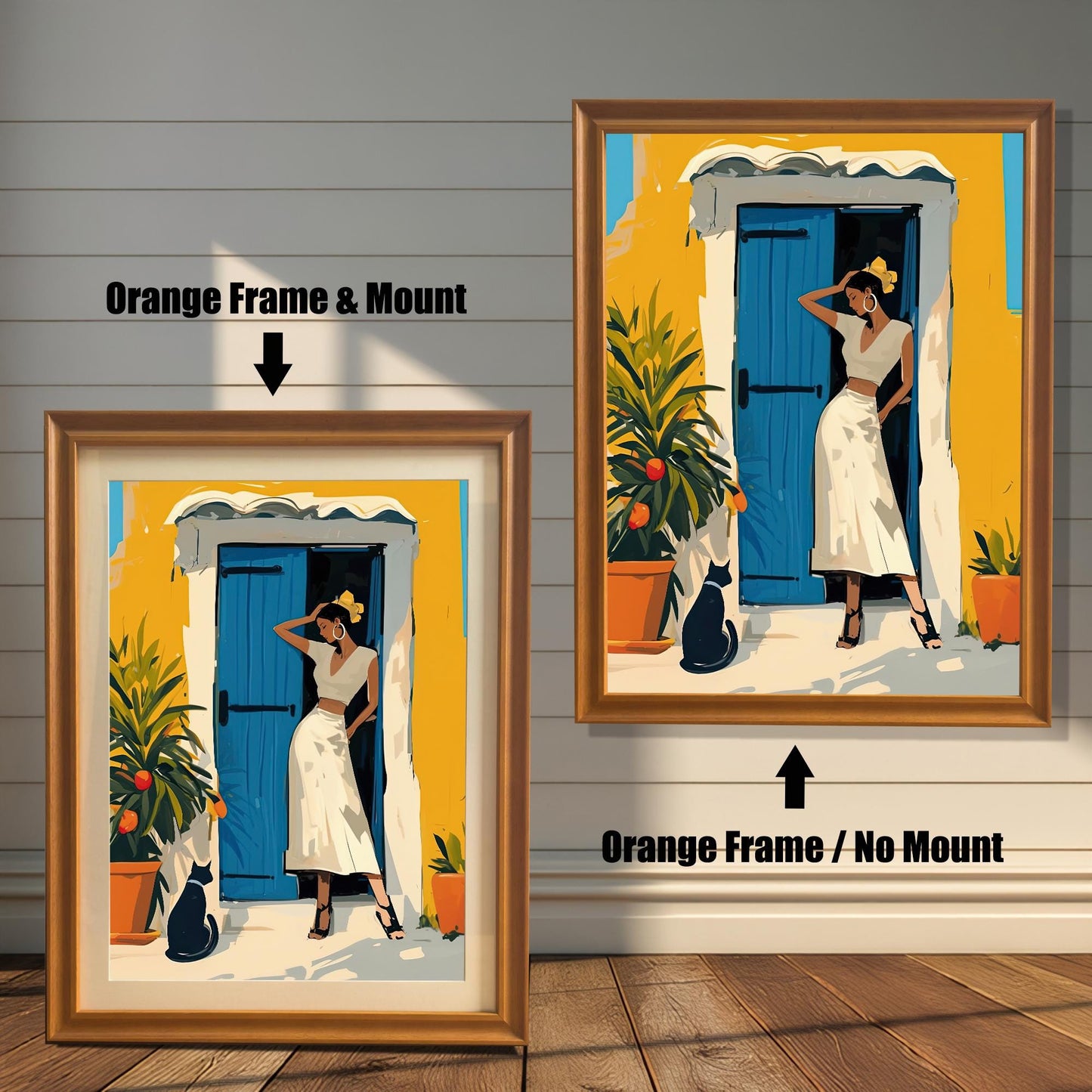 A product comparison showing two versions of the same artwork side-by-side. On the left, the print is in an orange-colored frame with a white mount. On the right, the print is in an orange-colored frame without a mount. The text "Orange Frame & Mount" and "Orange Frame / No Mount" points to the respective images.
