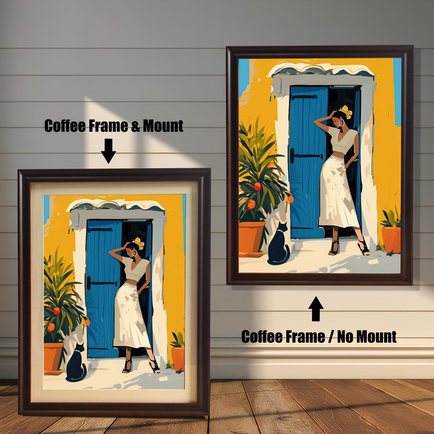 A product comparison showing two versions of the same artwork side-by-side. On the left, the print is in a coffee-colored frame with a white mount. On the right, the print is in a coffee-colored frame without a mount. The text "Coffee Frame & Mount" and "Coffee Frame / No Mount" points to the respective images.