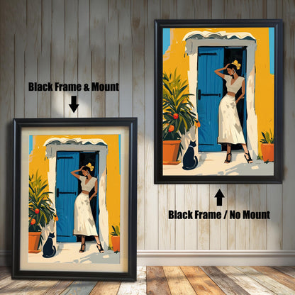 A product comparison showing two versions of the same artwork side-by-side. On the left, the print is in a black frame with a white mount. On the right, the print is in a black frame without a mount. The text "Black Frame & Mount" and "Black Frame / No Mount" points to the respective images.