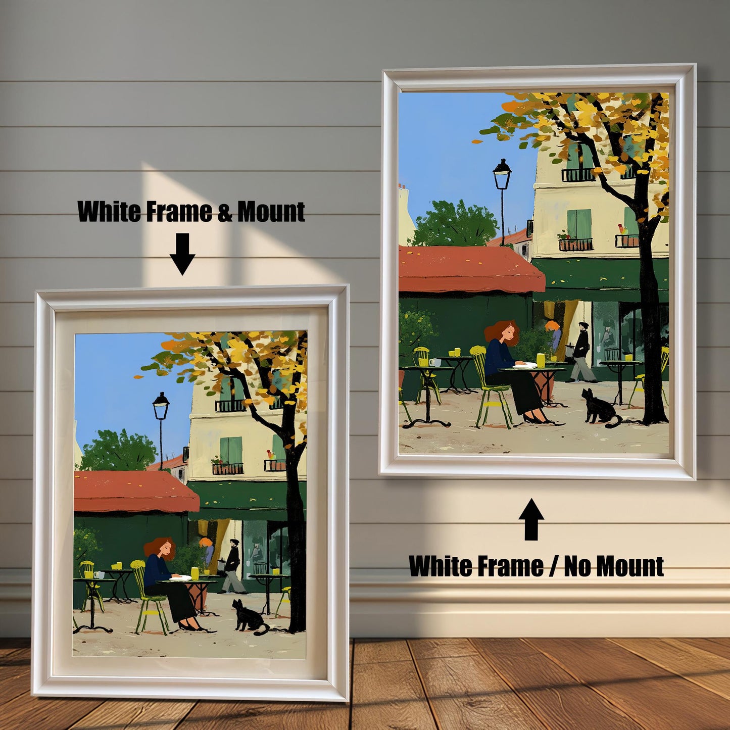 A product comparison showing two versions of the same artwork side-by-side. On the left, the print is in a white frame with a white mount. On the right, the print is in a white frame without a mount. The text "White Frame & Mount" and "White Frame / No Mount" points to the respective images.