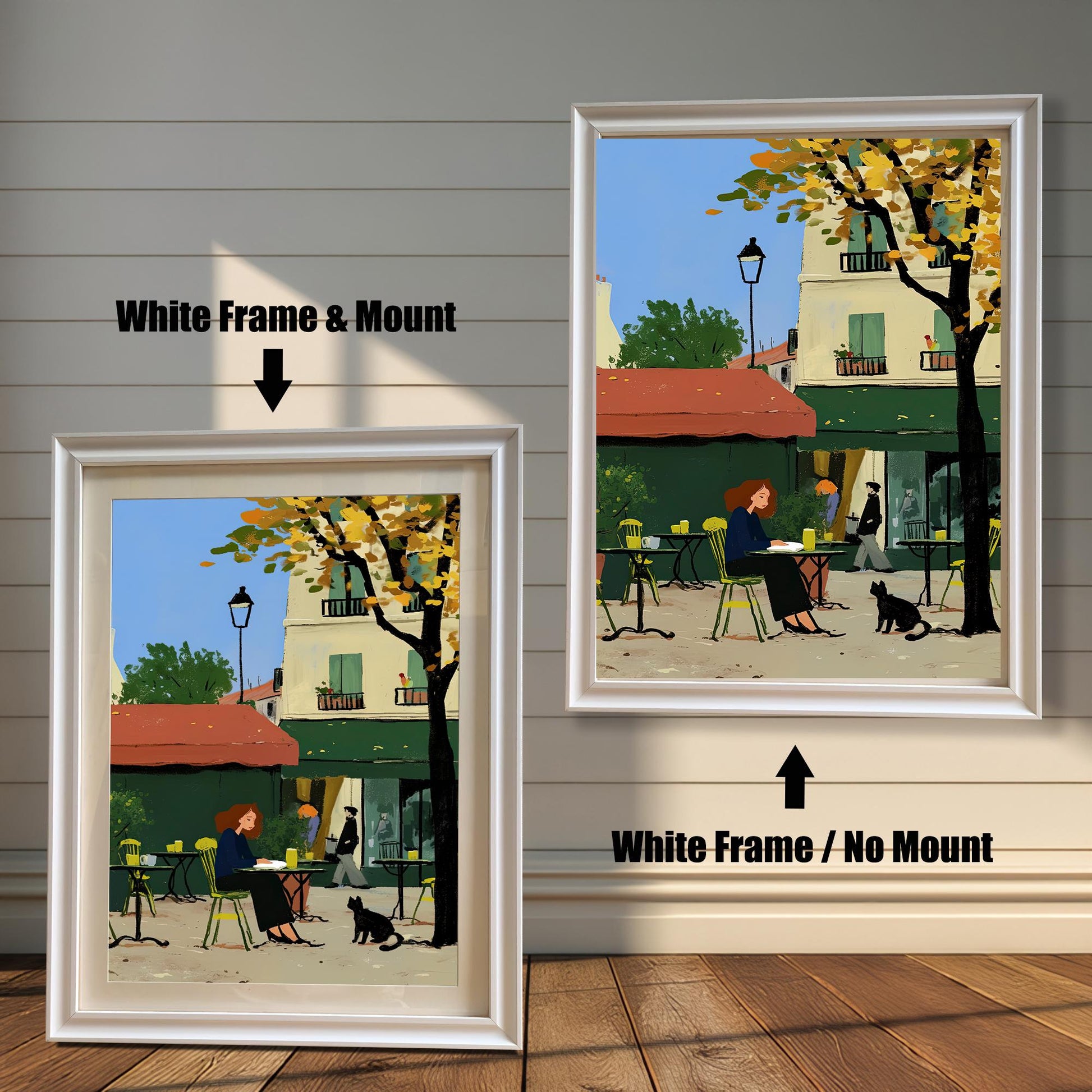 A product comparison showing two versions of the same artwork side-by-side. On the left, the print is in a white frame with a white mount. On the right, the print is in a white frame without a mount. The text "White Frame & Mount" and "White Frame / No Mount" points to the respective images.