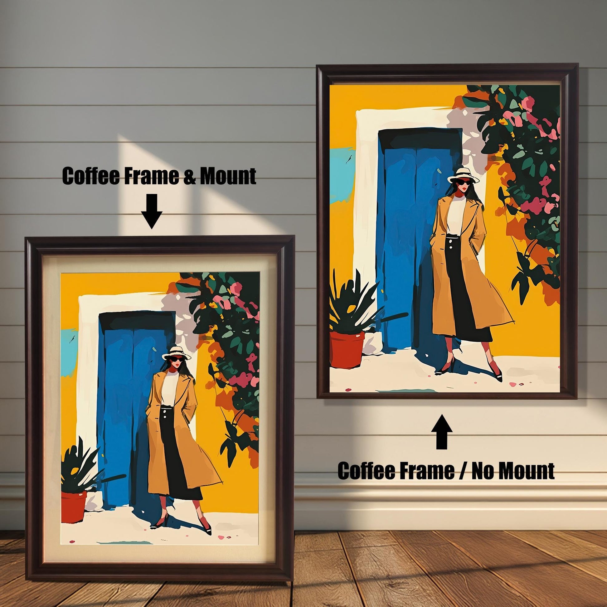 A framed art print is shown in two styles. On the left, a woman in a tan coat stands in front of a yellow wall with a blue door. This print is in a coffee-colored frame with a white mount (matting). On the right, the same print is shown in a coffee-colored frame without a mount.