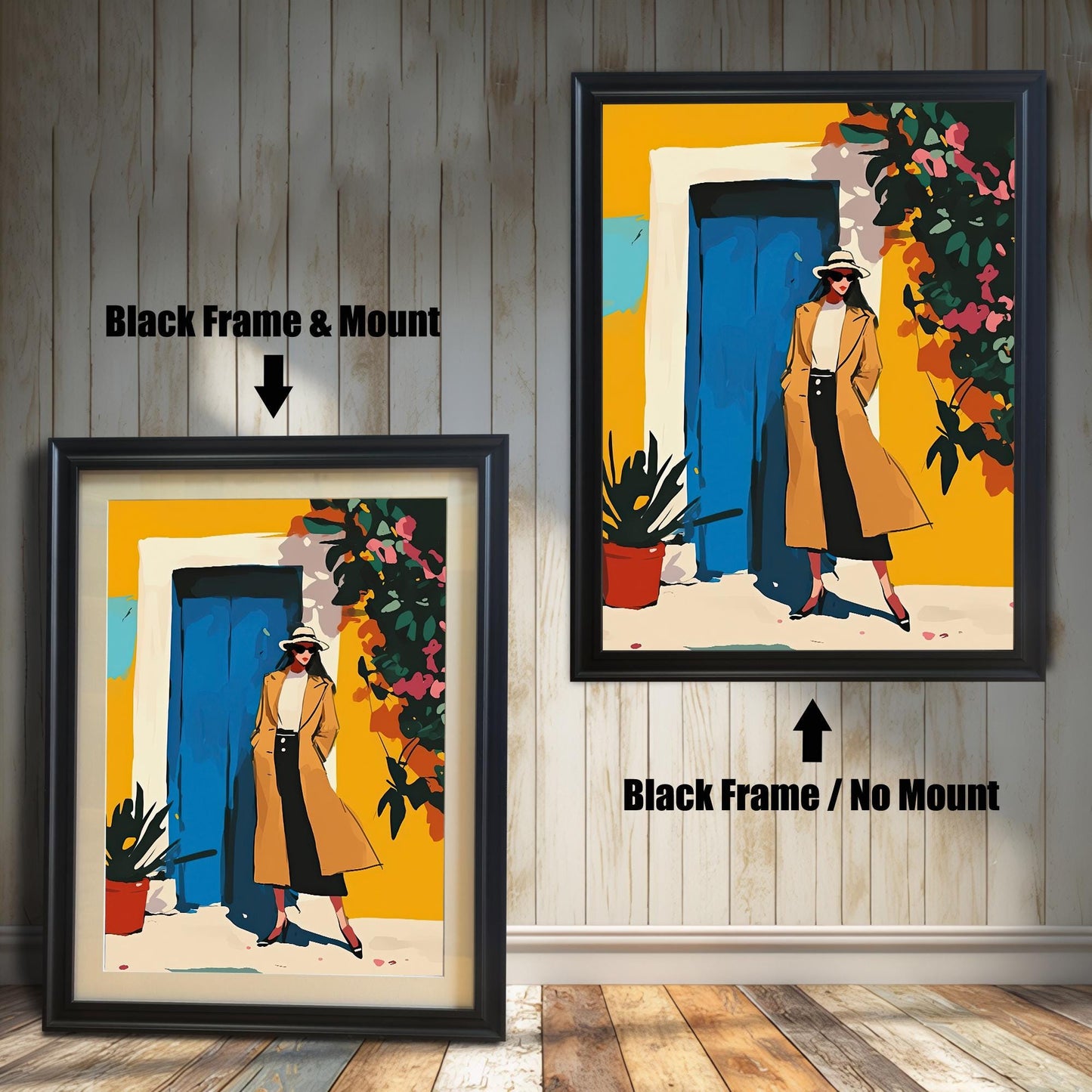 A framed art print is shown in two styles. On the left, a woman in a tan coat stands in front of a yellow wall with a blue door. This print is in a black frame with a white mount (matting). On the right, the same print is shown in a black frame without a mount.