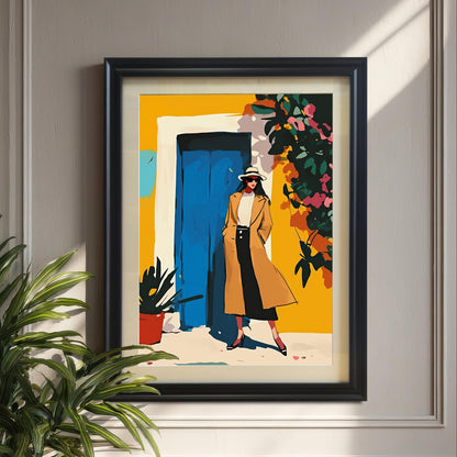 A framed art print is shown hanging on a wall with molding. The art depicts a woman in a tan coat and sun hat standing in front of a vibrant yellow building with a bright blue door. A large green potted plant is in the foreground on the left.