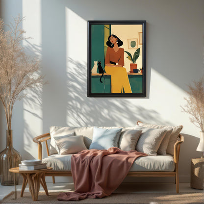 Large black framed wall art print of a woman and a cat hanging on a white wall above a beige sofa. This modern framed art print is perfect for Scandinavian, minimalist, or bohemian home decor.