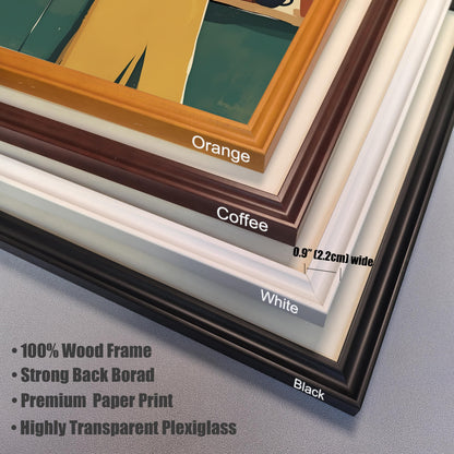 Stack of four wood frame corners in orange, coffee, white, and black, showing the 0.9-inch (2.2cm) width. Features include 100% wood frame, strong backboard, premium paper, and highly transparent plexiglass.