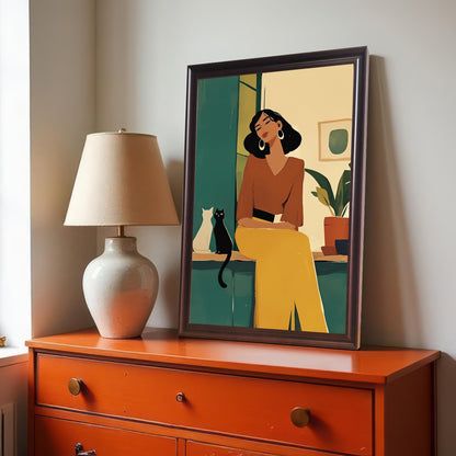 Coffee-colored wood framed wall art print of a woman and a cat, placed on an orange dresser next to a white lamp. This piece adds a touch of mid-century modern style to any room.