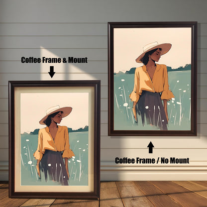 Coffee wood framed wall art print of a woman in a field, displayed with and without a matboard mount. The dark brown frame complements the muted tones of the artwork.