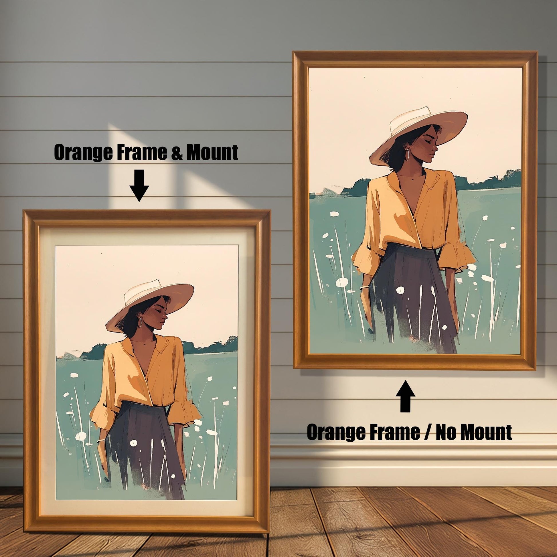 Orange wood framed wall art print of a woman in a field with a hat. Two options shown: a large print without a matboard and a smaller print with a white matboard. Modern portrait for home decor.