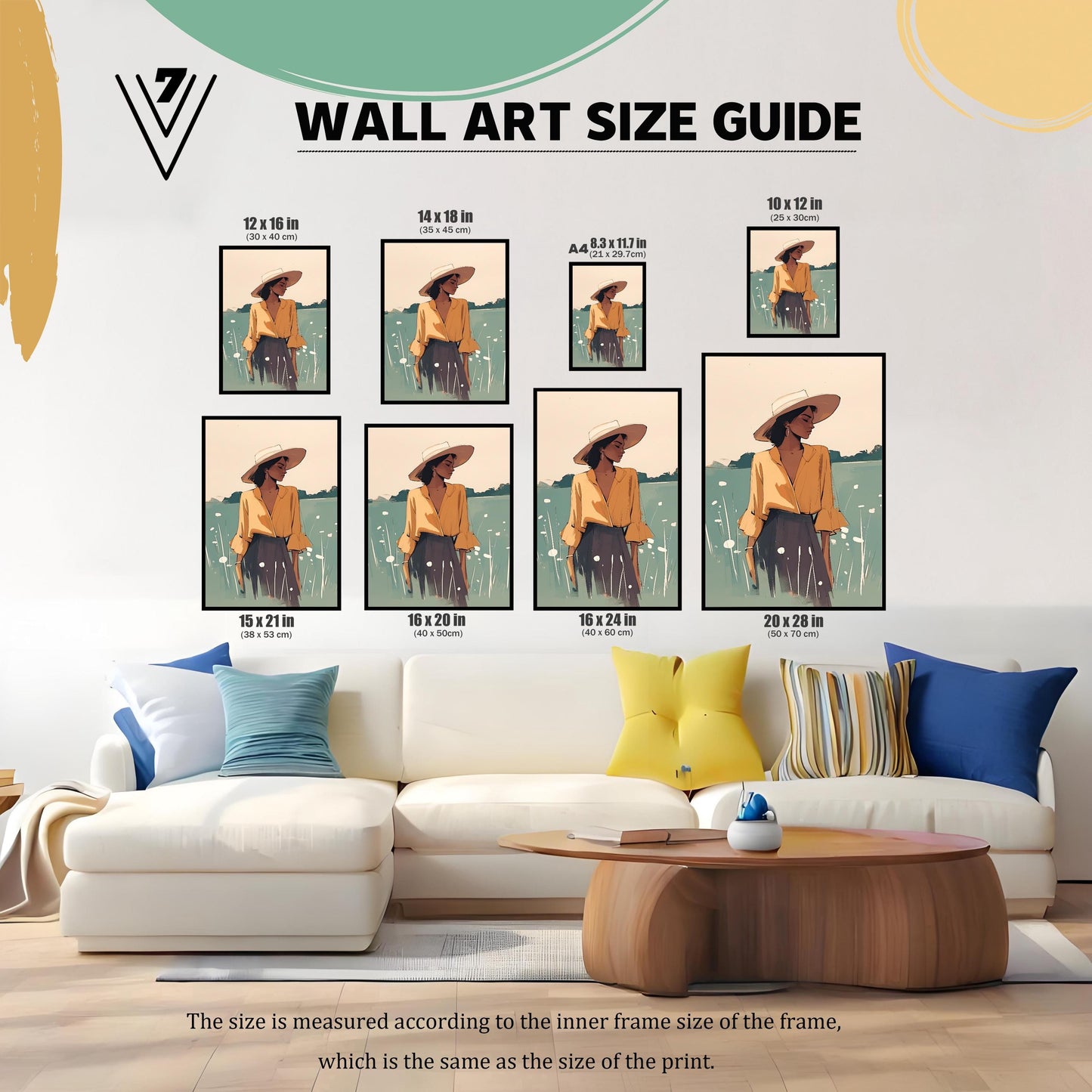 Wall art size guide showing various dimensions for the print, from 10x12 inches to 20x28 inches. Visual comparison of print sizes like A4, 12x16, 14x18, 15x21, 16x20, and 16x24 inches above a sofa. This guide helps customers choose the perfect size for their space.