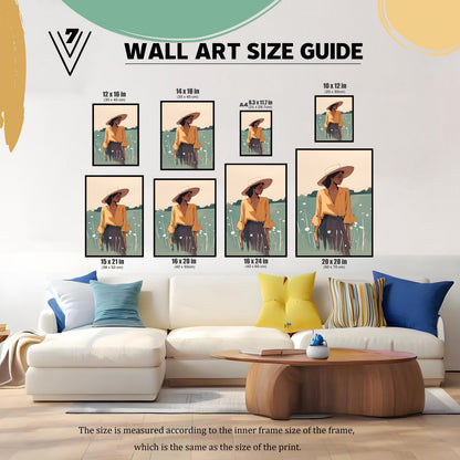 Wall art size guide showing various dimensions for the print, from 10x12 inches to 20x28 inches. Visual comparison of print sizes like A4, 12x16, 14x18, 15x21, 16x20, and 16x24 inches above a sofa. This guide helps customers choose the perfect size for their space.