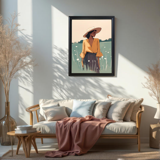 Black framed wall art print of a woman in a field, hanging on a white wall above a couch. A large, elegant art piece that creates a beautiful focal point in a modern living space.